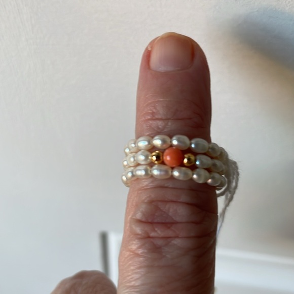Freshwater Cultured Pearl Coral Gold bead wire Ring - Picture 5 of 10